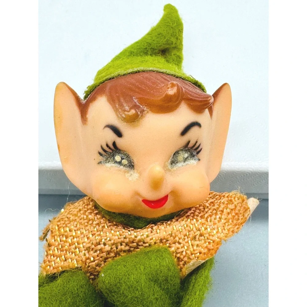 Vintage Knee Hugger Elf Christmas Ornament Green Felt Gold Collar‎ Rubber Face